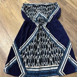 Express Navy and White Patterned Strapless Dress